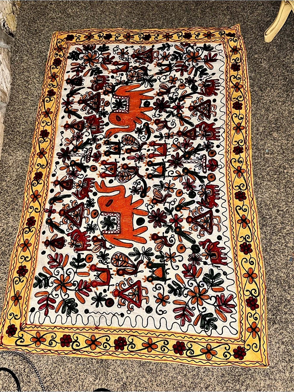 Embroidered Floral Textile in Cream & Orange Elephants Gujarat Wall Tapestry